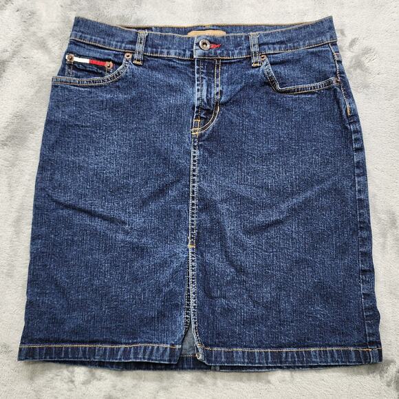 Vintage Y2K Tommy Jeans Skirt Womens 5 Juniors Blue Dark Wash Mini Front Slit - Picture 1 of 12